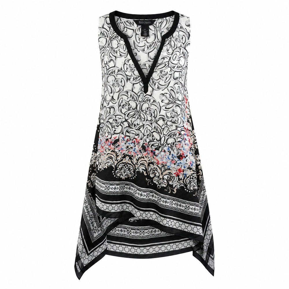 White House Black Market Black White Scroll Print Sharkbite Tunic Top Size 0
